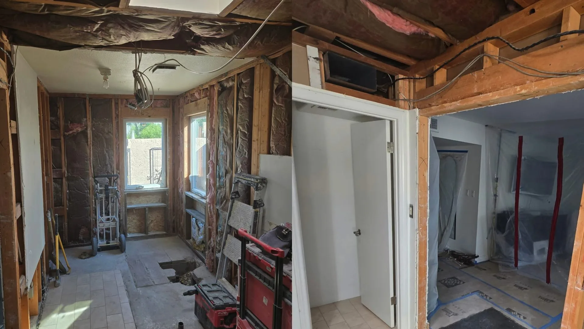 A gutted bathroom and hallway framed in wood with exposed ceiling and wall cavities during a renovation