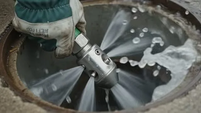 A gloved hand guiding a hydro jetting nozzle that sprays water in several directions inside a round drain opening