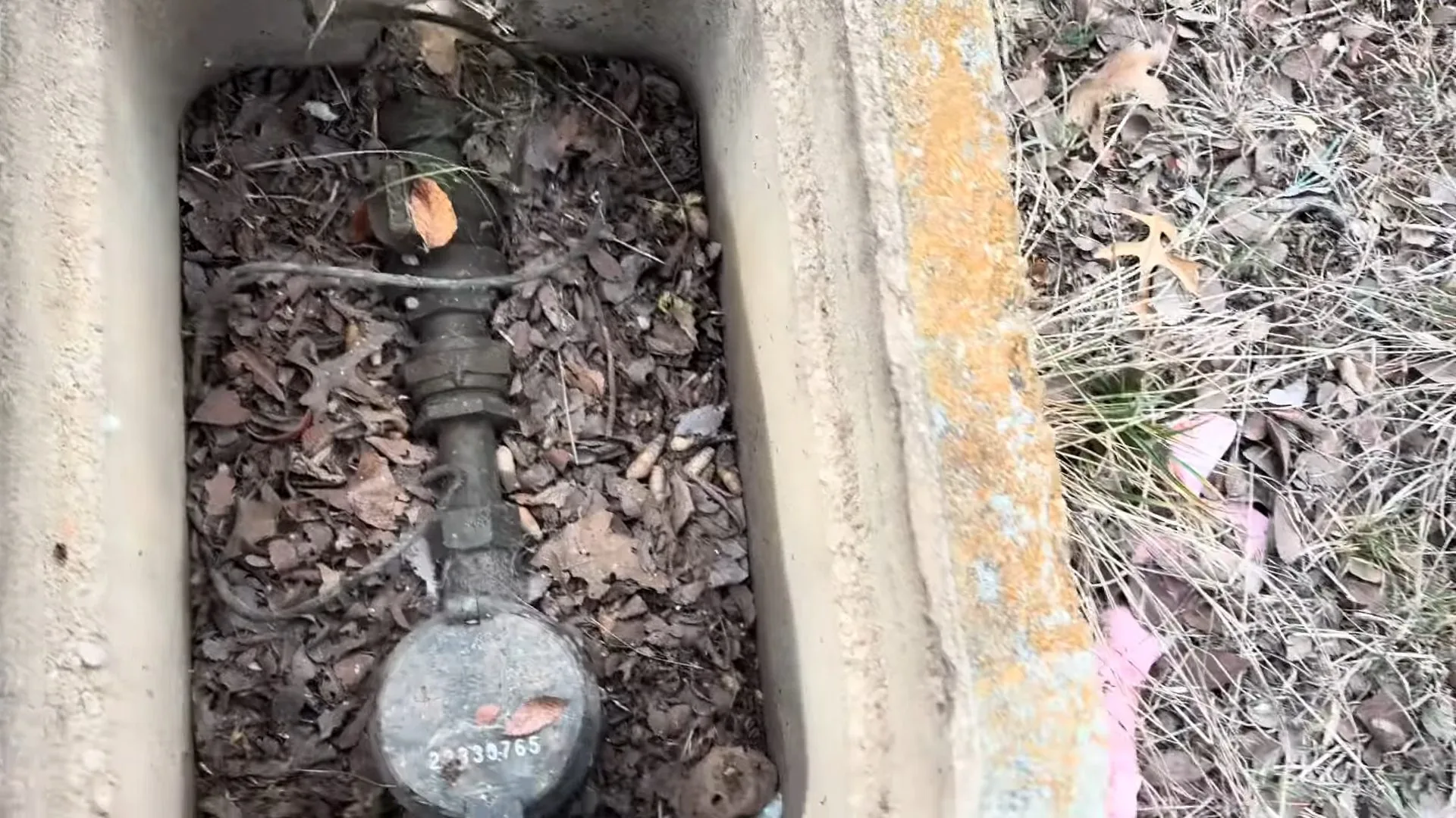 In-ground concrete water meter box with the meter and shutoff fittings sitting under fallen leaves
