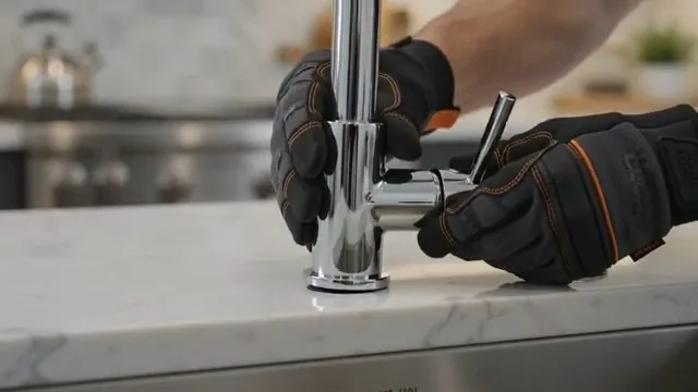 A man with a thumbs up holding a copper supply line with a brass valve in a workshop with wood cabinets