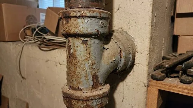 A rusted cast iron drain tee against a basement wall with cobwebbed wiring and wrenches beside it
