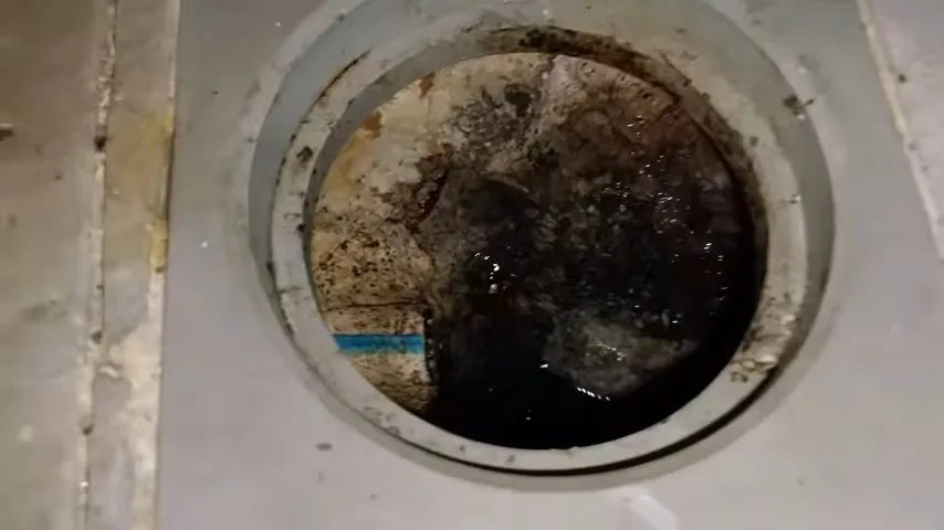 A round drain opening in a concrete surface filled with dark silt and standing water