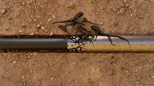 Thin dark roots spreading around the joint of a long pipe lying in loose brown soil