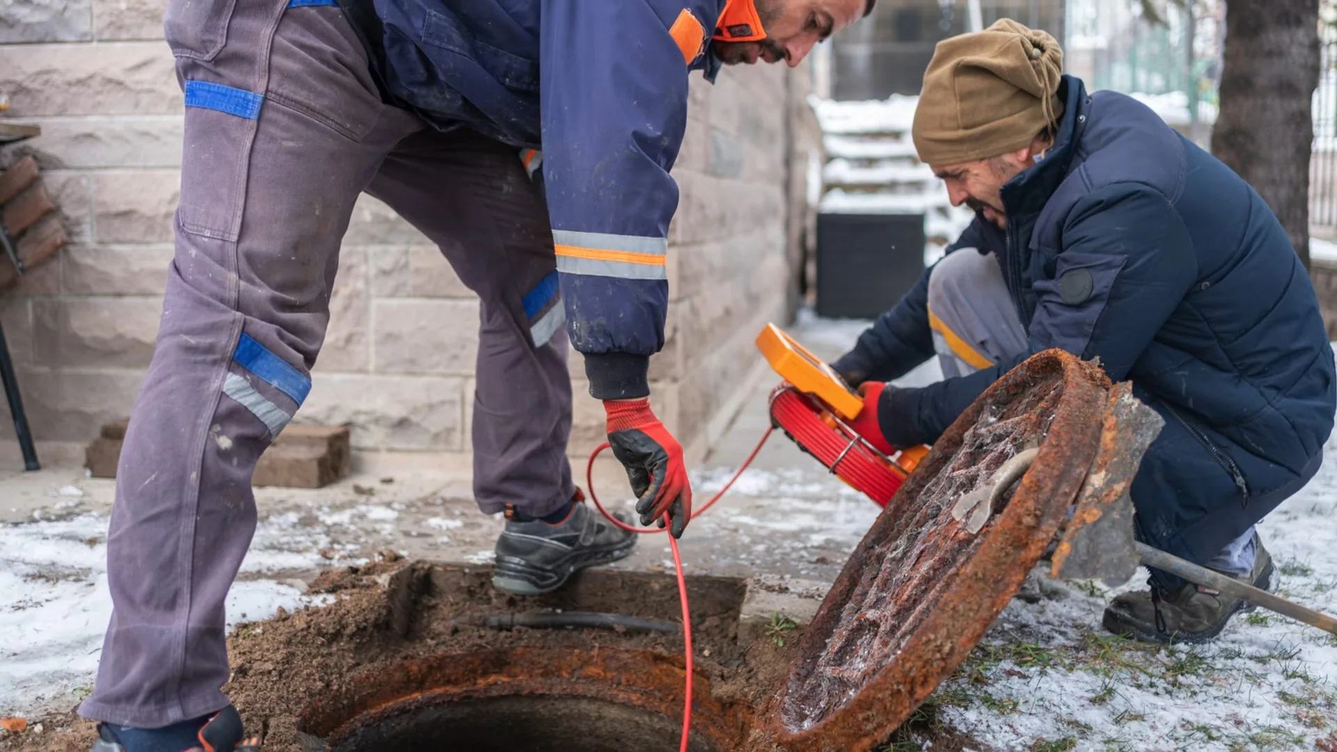 Two workers at an open sewer access in a snowy yard, one kneeling beside the rusted cover and one holding an orange cable
